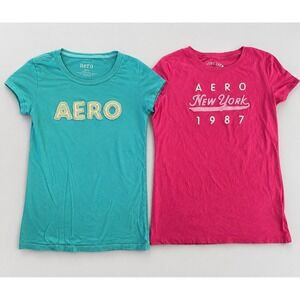 (2) Aeropostale Y2K Baby Tee Womens Blue Pink Medium 2000s Fitted Mall Goth